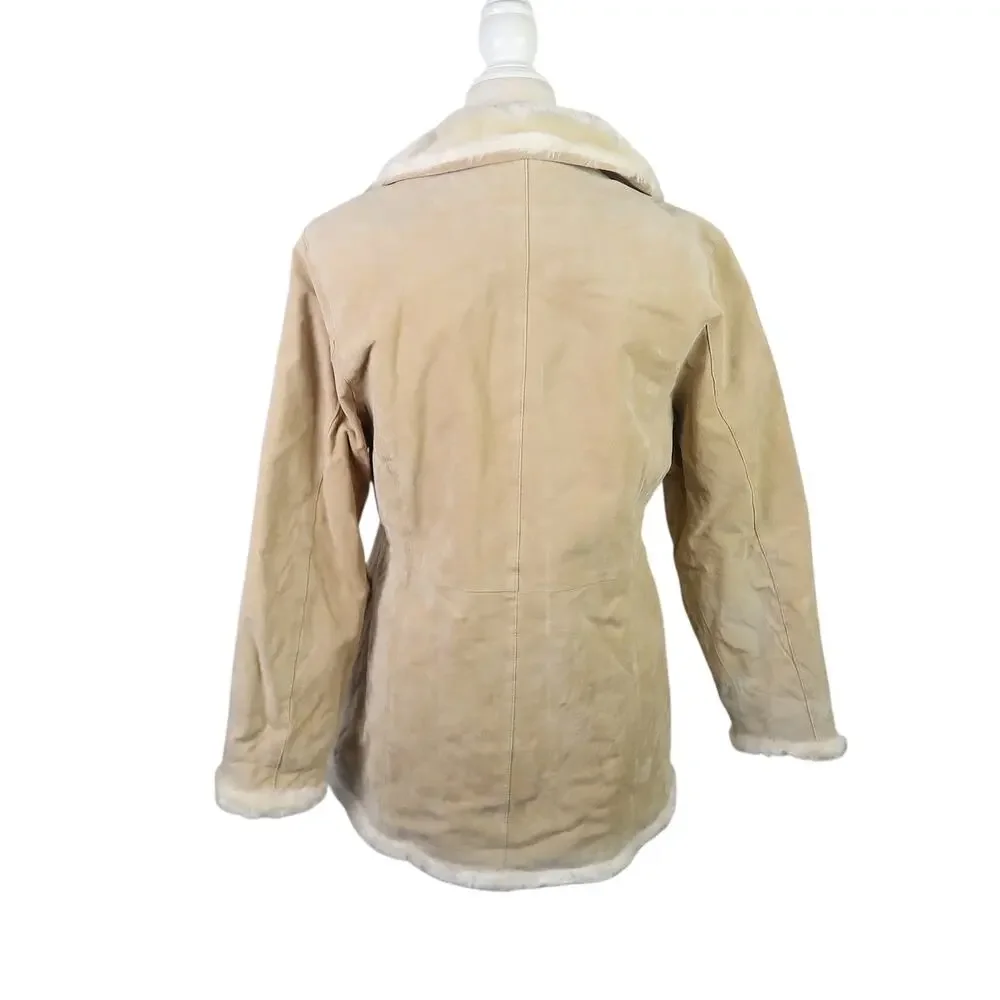 Vintage Y2K Beyond California Tan Suede Leather Cream Faux Fur Sherpa Jacket M - Picture 4 of 6